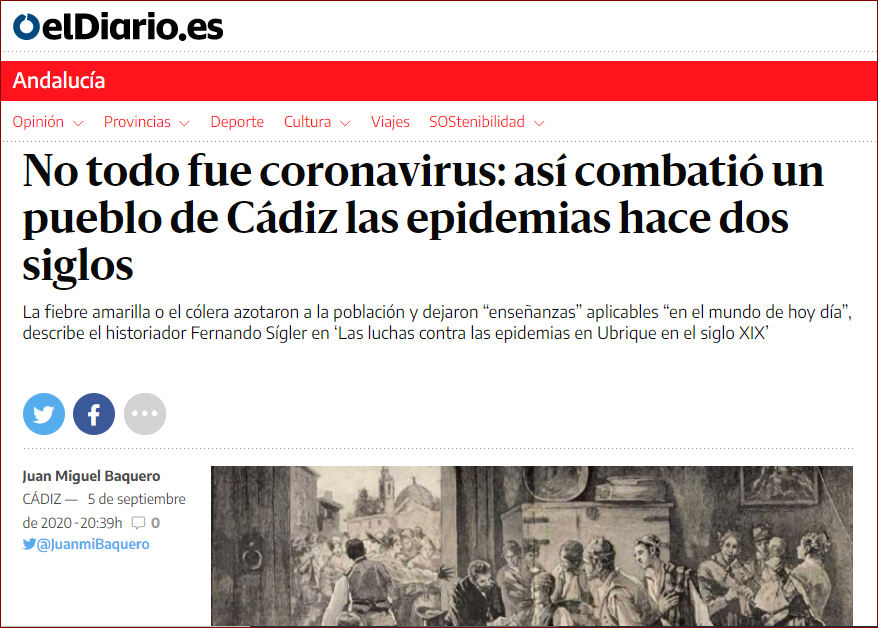 Captura del artículo de elDiario.es sobre Las luchas contra las epidemias en Ubrique en el siglo XIX.