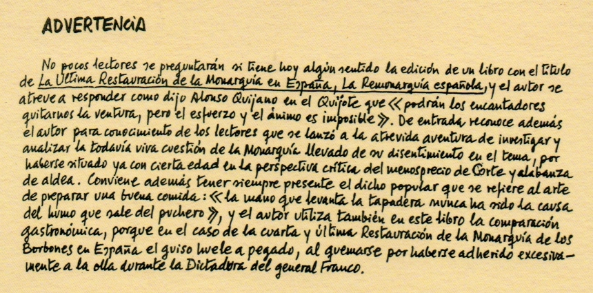 Advertencia manuscrita de Jesús Ynfante acerca de la edición de La Remonarquía española.